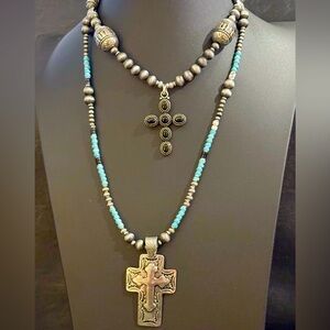 Vintage Turquoise Sterling Silver Black Onyx Cross Navajo Style Pearls Necklace